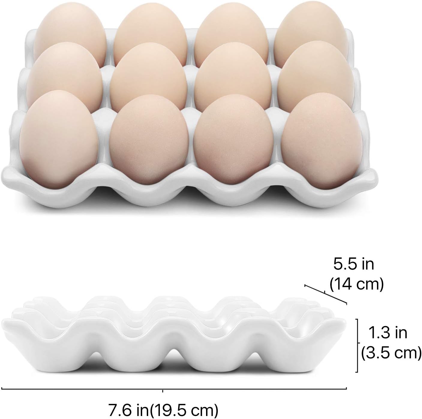 Flexzion Bandeja de cerámica para huevos de 12 tazas, docena entera de porcelana para huevos, organizador de almacenamiento, soporte decorativo para
