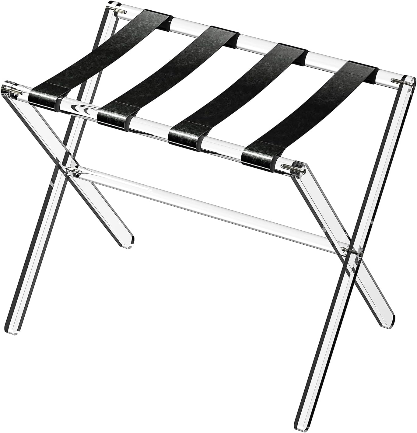 Sumerflos Portaequipajes de acrílico para habitación de invitados, soporte plegable transparente para maleta con correas de cuero para dormitorio,