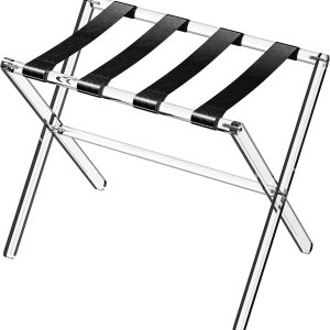 Sumerflos Portaequipajes de acrílico para habitación de invitados, soporte plegable transparente para maleta con correas de cuero para dormitorio, Sumerflos Portaequipajes de acrílico para habitación de invitados, soporte plegable transparente para maleta con correas de cuero para dormitorio,