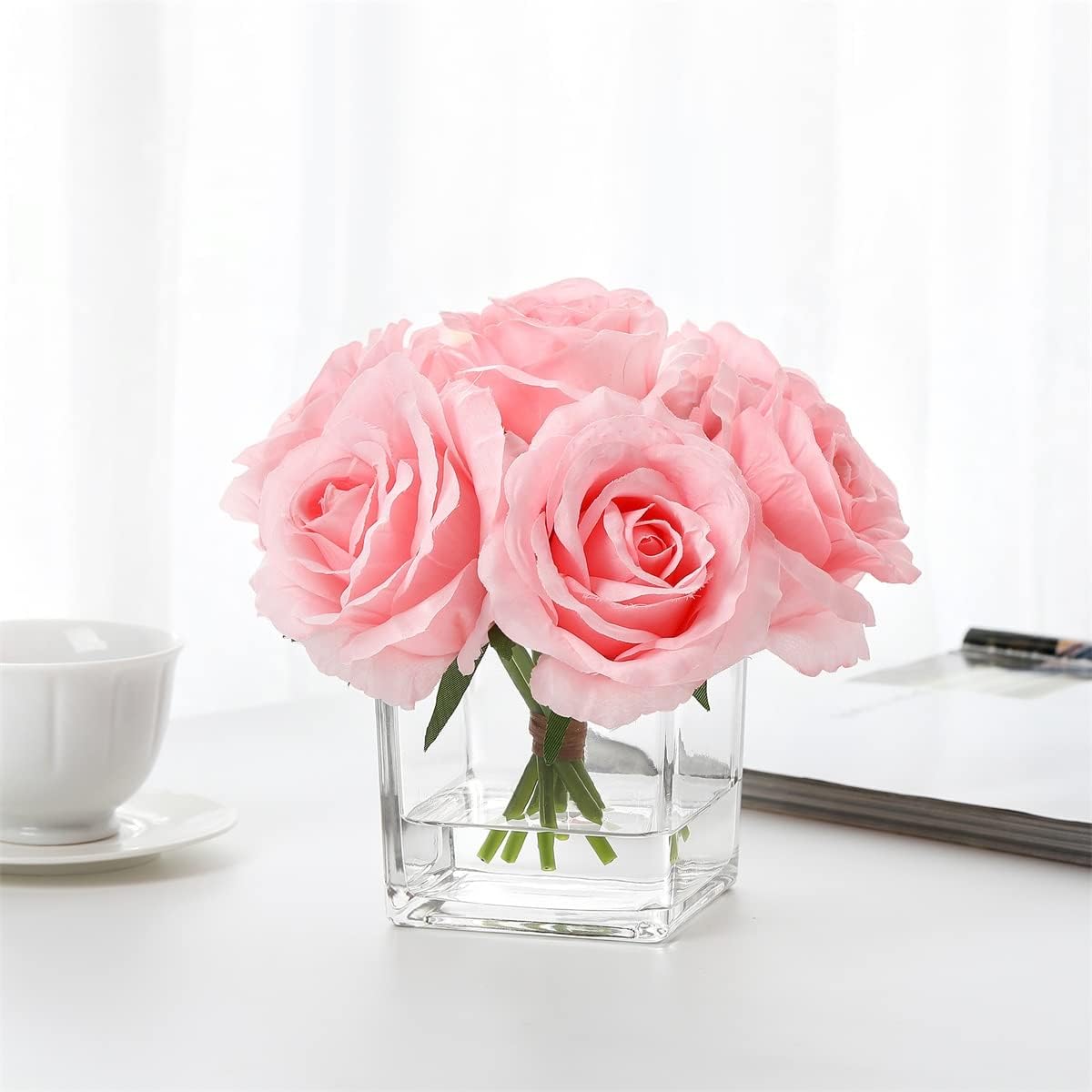 rubystory 7 rosas artificiales de tallo grande en jarrón, rosa falsa con flores falsas en jarrón para decoración del hogar, mesa de boda (rosa)