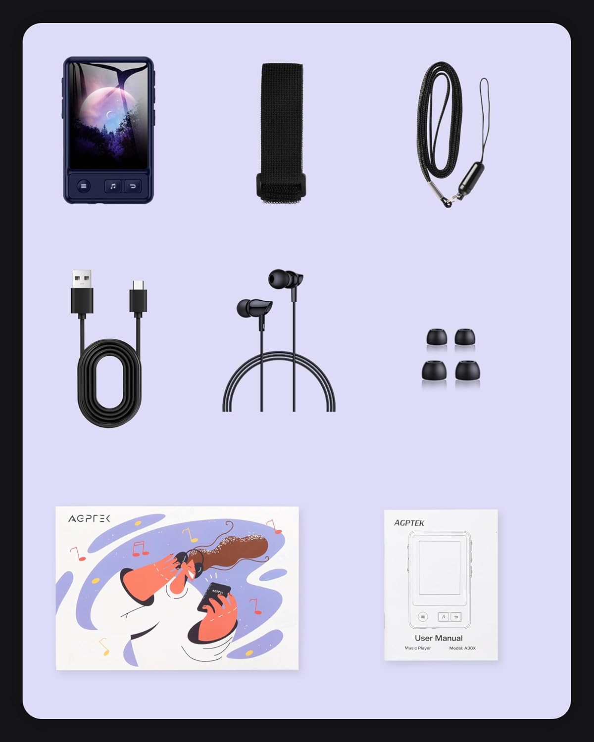 AGPTEK Reproductor de MP3 con Bluetooth 5.3, A30X 2.4 pulgadas, pantalla táctil completa de 32 GB, reproductor de música con clip y banda de brazo,