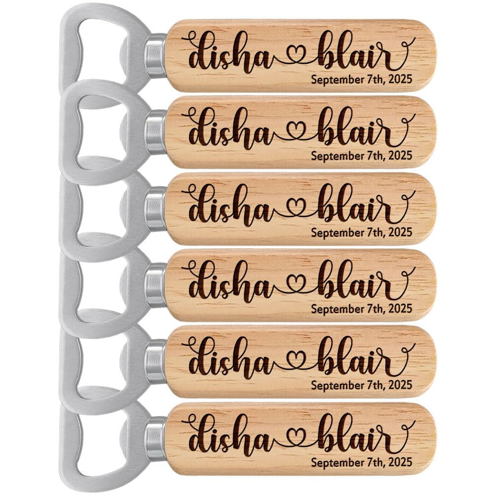 Personalized Bottle Openers, Wooden Custom Couple’s Names & Date Openers for Wedding Gift, Idea Gifts for Wedding (Set of 6)