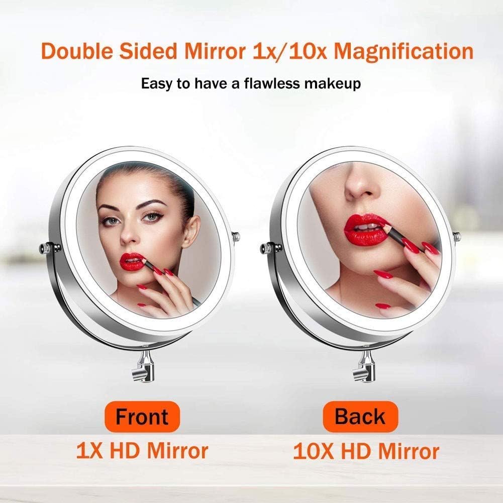 RomildaYuan 8 inches Wall Mounted Makeup Mirror LED Touch Screen Adjustable Light Double Sided 1X10X Magnifying Vanity Mirror Swivel Extendable
