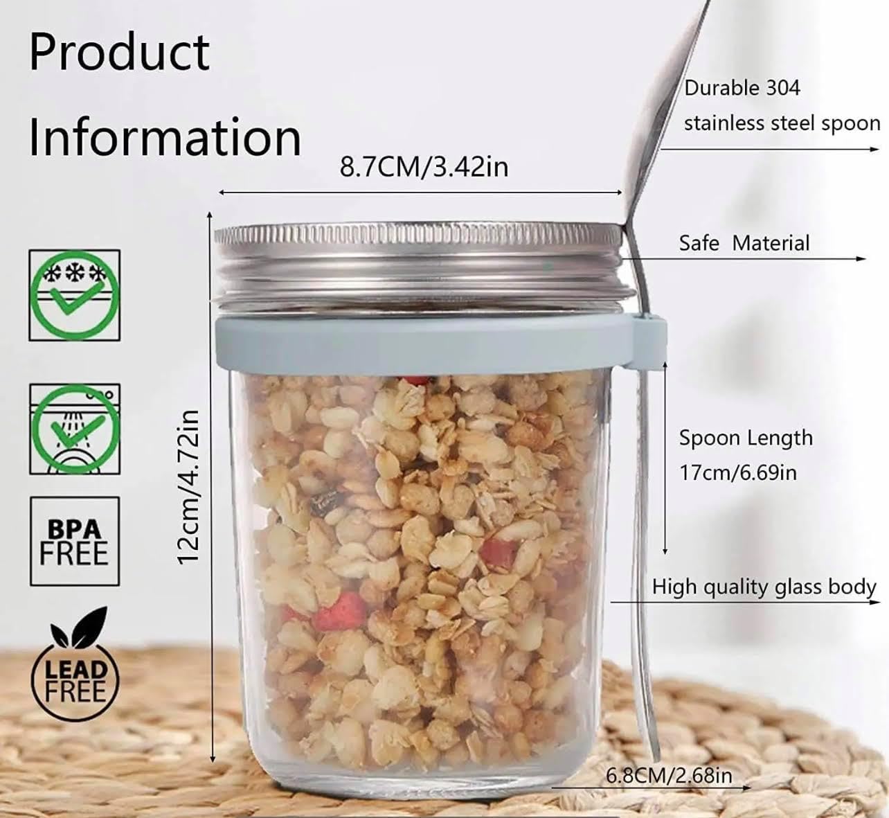 Tarros de avena durante la noche – Recipientes de avena con tapas – Tarros de vidrio para avena nocturna – Juego de 2 tarros con tapas – Tarros