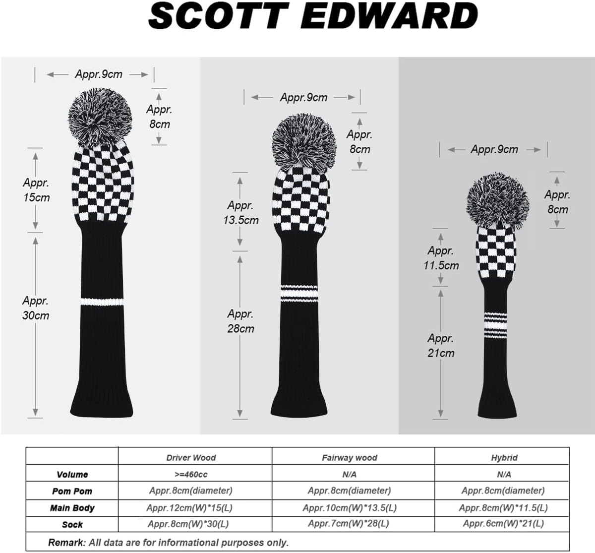 Scott Edward 1 unids Golf Head Cover Knit para conductor Madera Fairway Madera Híbrido con Rotación Número Etiquetas Número Etiquetas