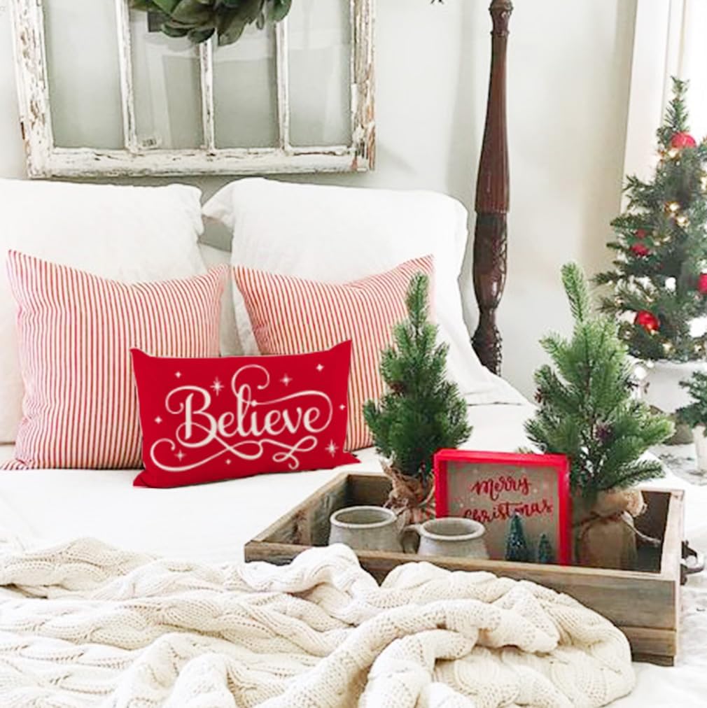 Fundas de almohada rojas de Navidad de 12 x 20 pulgadas, decoración navideña de Navidad, almohadas lumbares, fundas de almohadas decorativas,