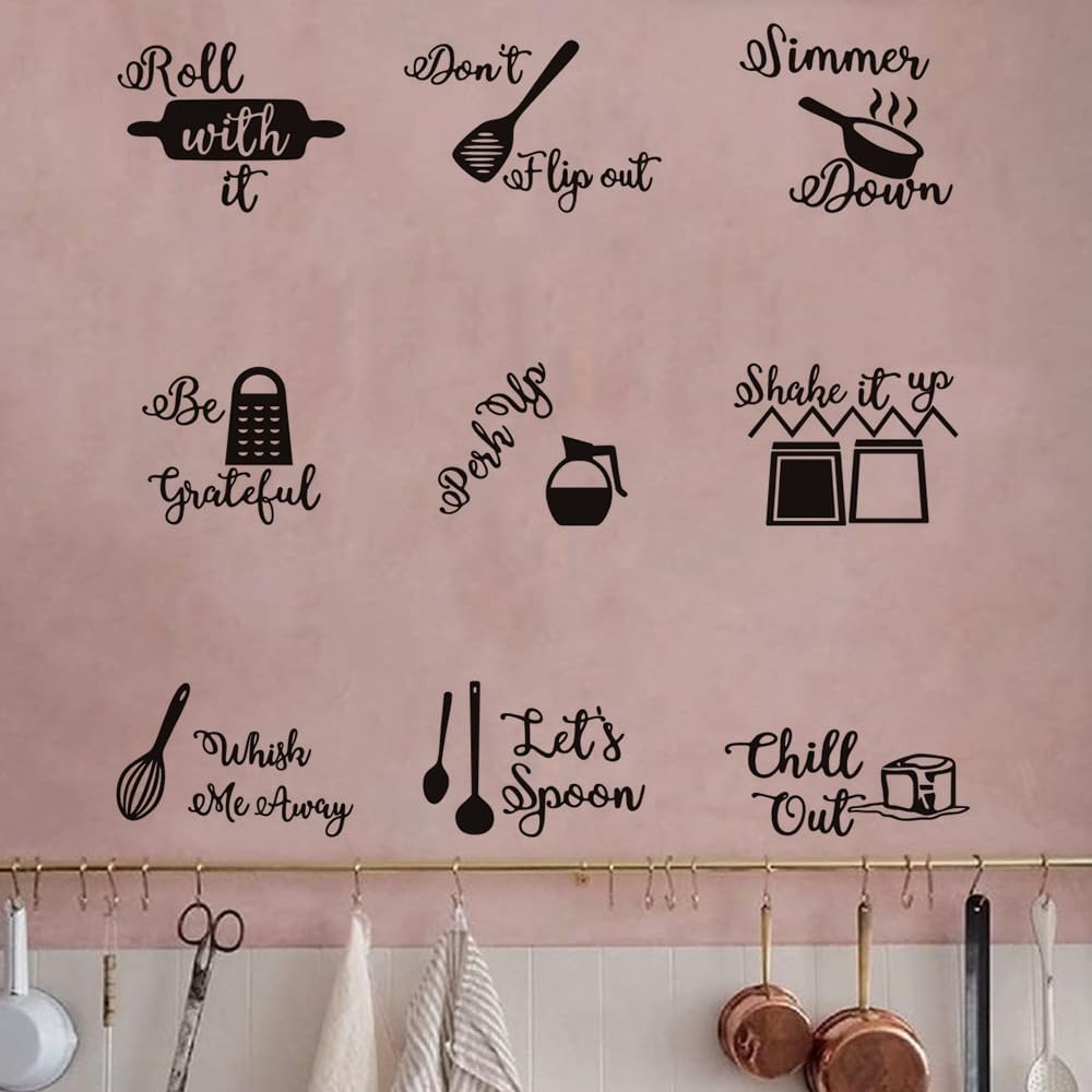 Calcomanías de pared con citas de cocina, 9 unidades, calcomanías Roll It Let’s Spoon, utensilios de cocina negros, arte de pared para cocina,