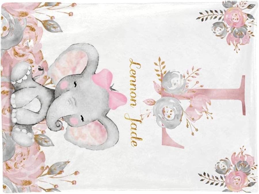 Manta de bebé personalizada, monograma rosa, lindo elefante personalizado, mantas de 30 x 40 pulgadas para bebé, niño y niña con nombre, baby