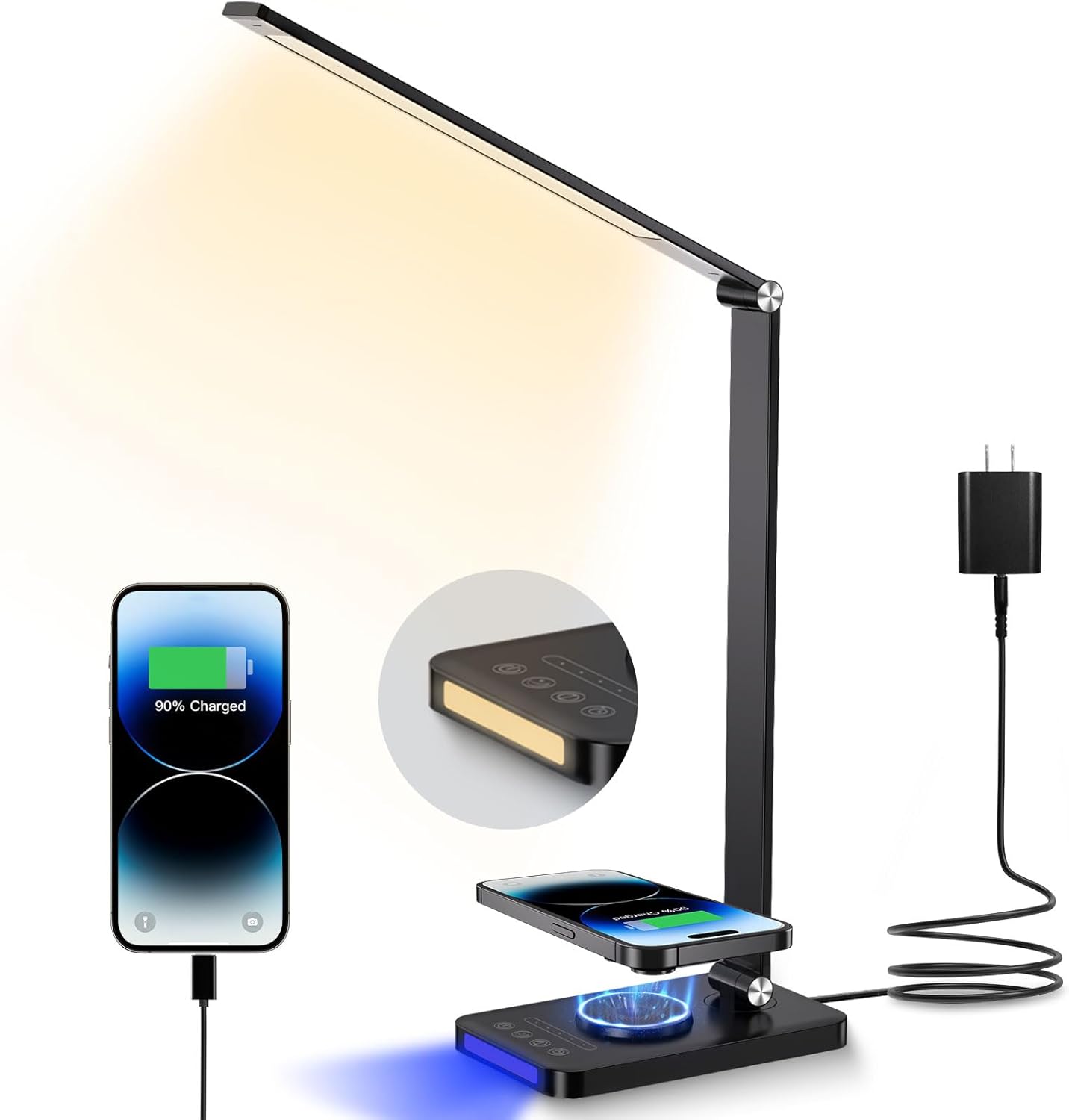 GTIMLMC Desk Lamp with Wireless Charger, LED Table Lamps for Home Office, USB Charging Port, Blue and Warm Bedside Night Light, Touch Dimmable,