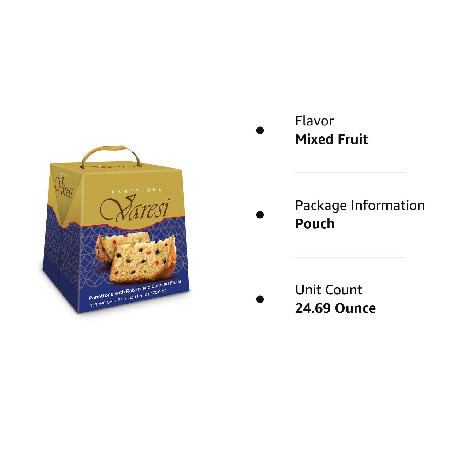 Varesi Panettone, pan de masa madre con frutas secas, 24.69 onzas (1 paquete), regalo y aperitivo de vacaciones y anfitrión
