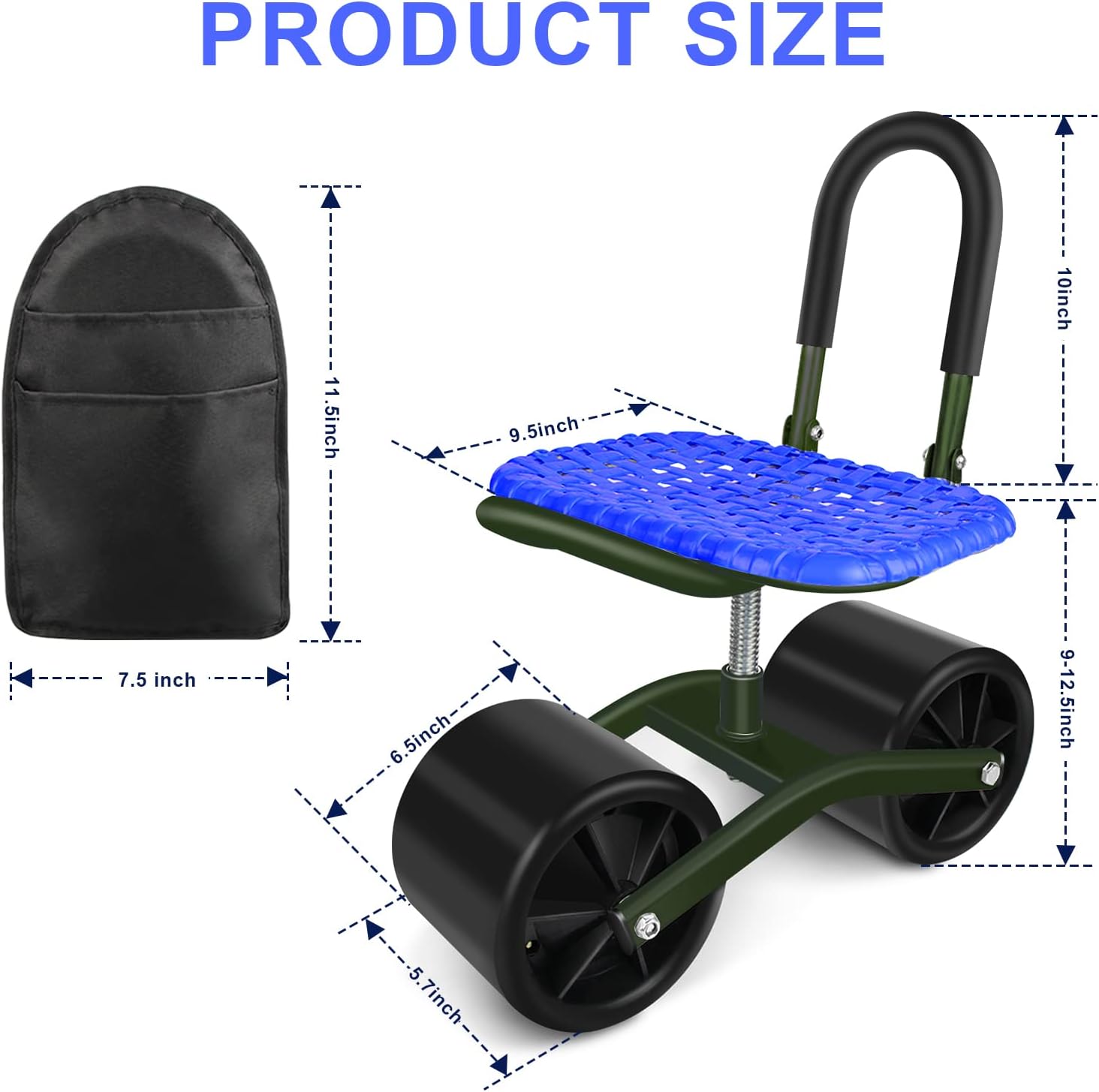 i COVER Taburete rodante de jardín con 2 ruedas y bolsa de herramientas, carrito estable y resistente, altura ajustable del asiento y dirección para