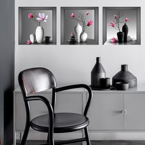 Calcomanías de pared para jarrones 3D, color blanco y negro, piedras estéreas, orquídeas, flores, impermeables, removibles, plantas de flores rosas, Calcomanías de pared para jarrones 3D, color blanco y negro, piedras estéreas, orquídeas, flores, impermeables, removibles, plantas de flores rosas,