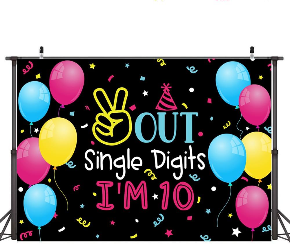 Lofaris Fondo de 7 x 5 pies con un solo dígito con texto en inglés “I’m 10” Happy Birthday para niños, niños o niñas, globo de colores de doble