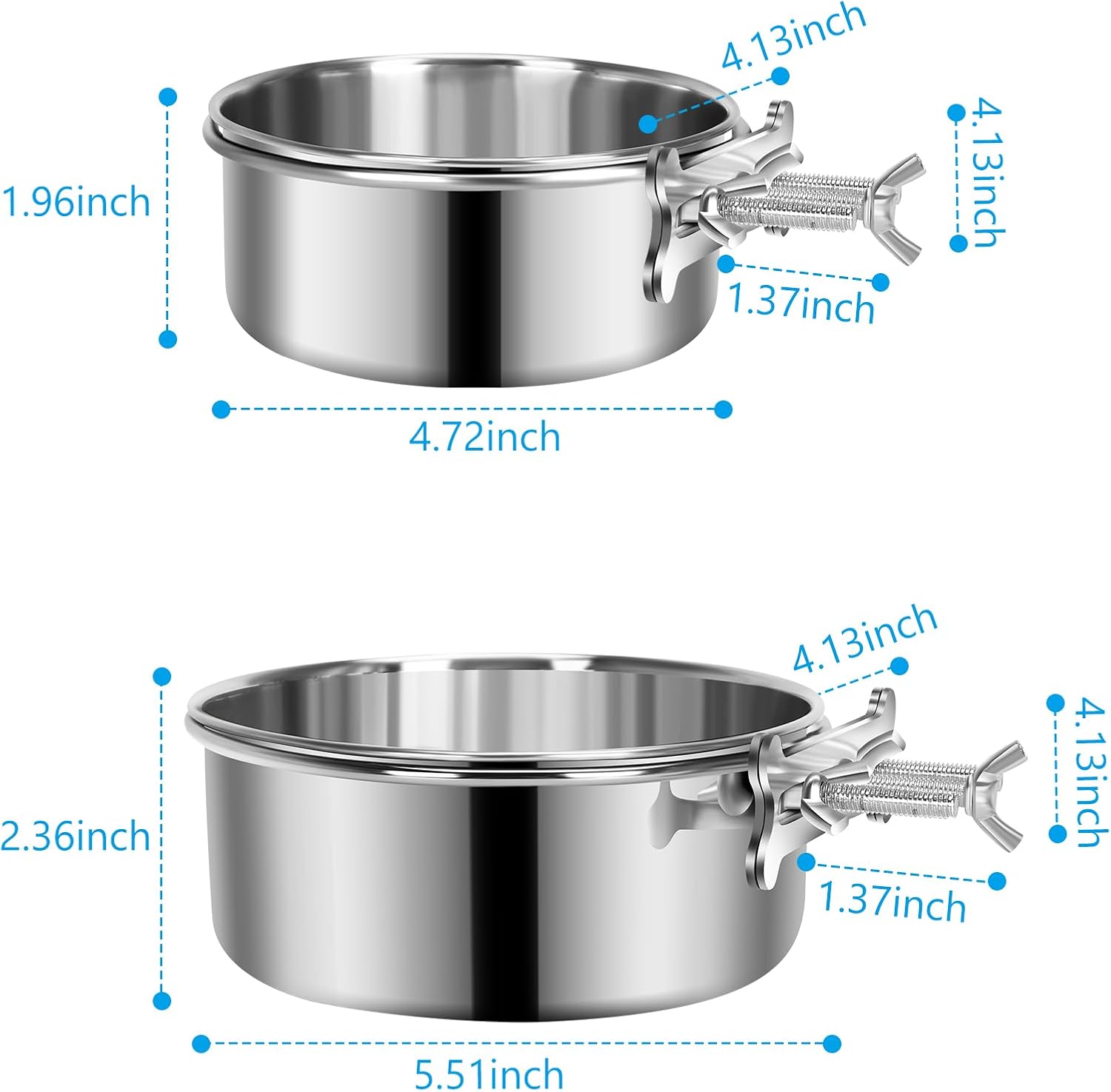 Yummy Sam 2 cuencos pequeños para comida y agua para perros con soporte de abrazadera mejorado, cuencos colgantes de acero inoxidable detectables
