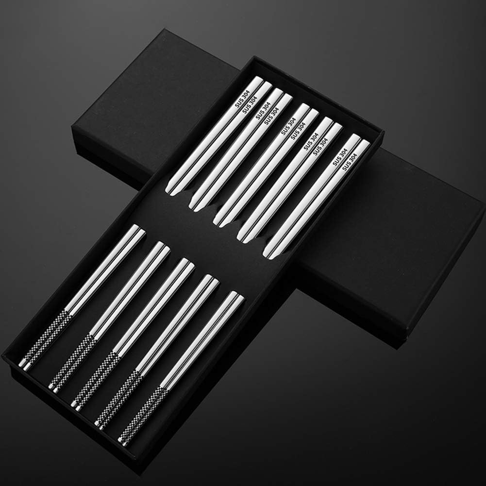 5 pares de palillos, palillos reutilizables, palillos de metal aptos para lavavajillas, con caja de regalo, juego de palillos de acero inoxidable