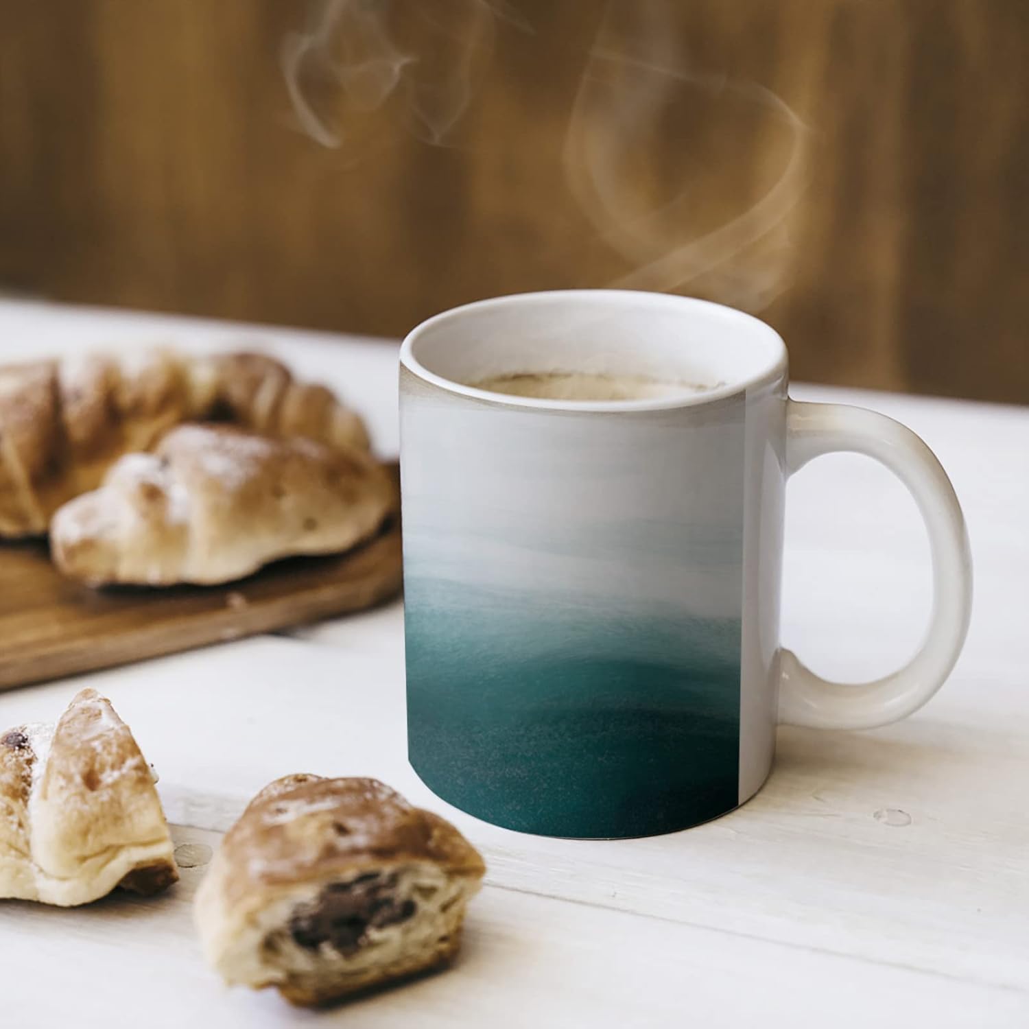 Taza de cerámica de 12 onzas para caféaguaté, taza de porcelana de color marrón, blanco, verde azulado, degradado, idea de regalo para el día de San