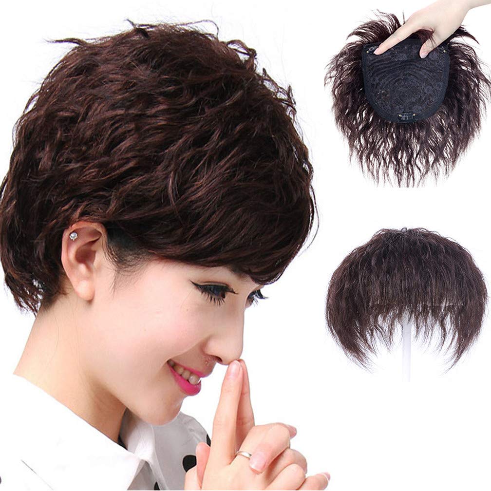 Peluca de repuesto para el cabello rizado, sin costuras, con clip, con flequillo, para mujer, 5.5 x 5.9 in, color negro natural