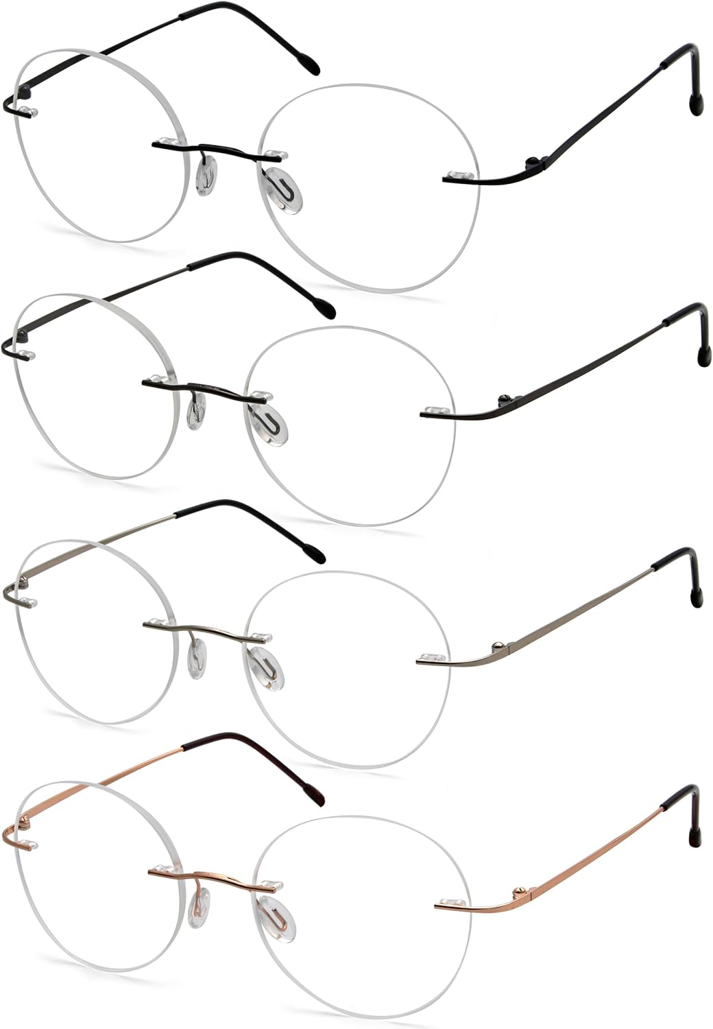 Eyekepper Paquete de 4 lentes de lectura redondos de metal sin montura para mujeres y hombres, lectores circulares sin marco