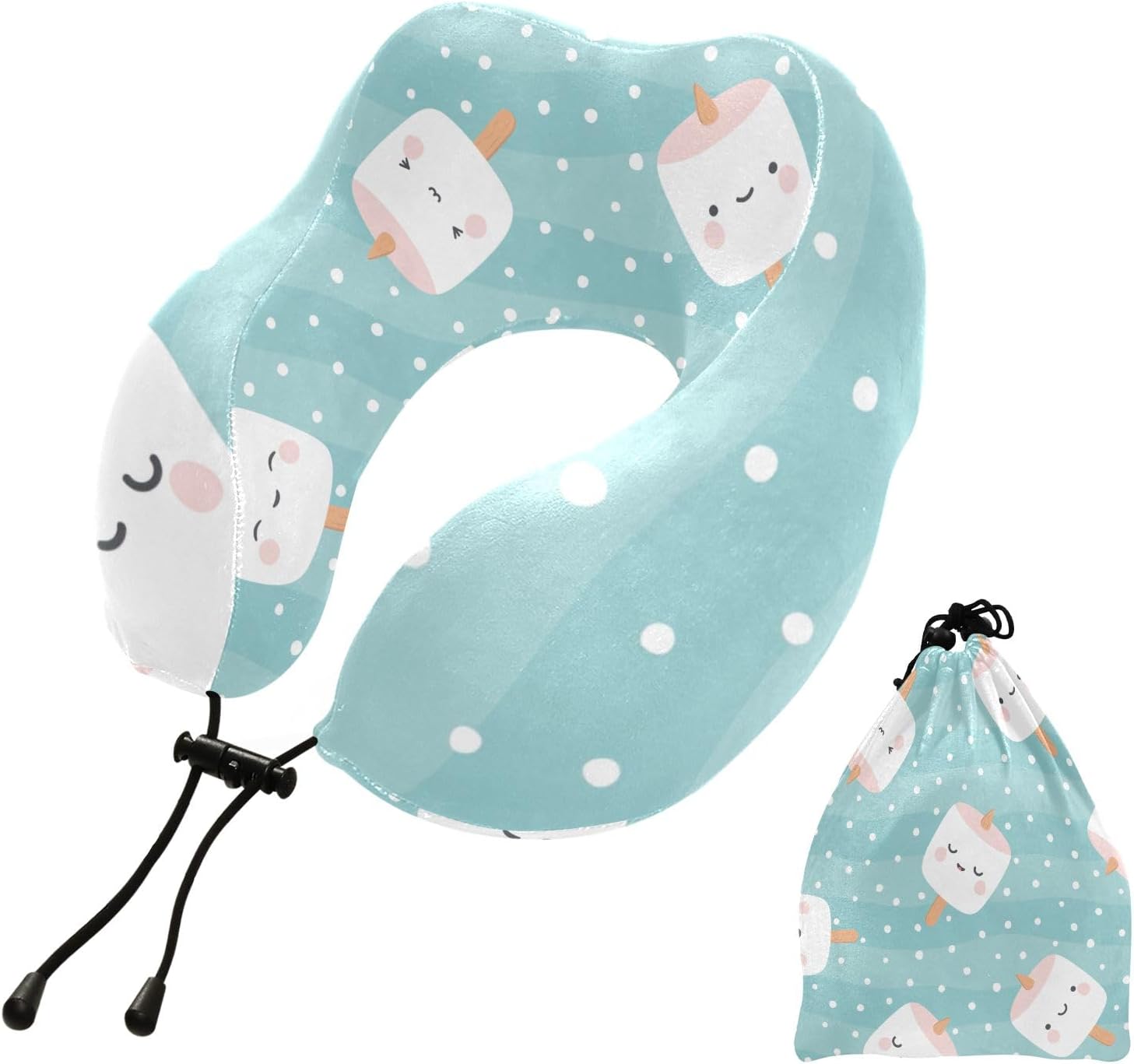 Marshmallow – Almohadas de viaje portátiles con patrón de cara, almohada en forma de U para avión, almohada de viaje para niños