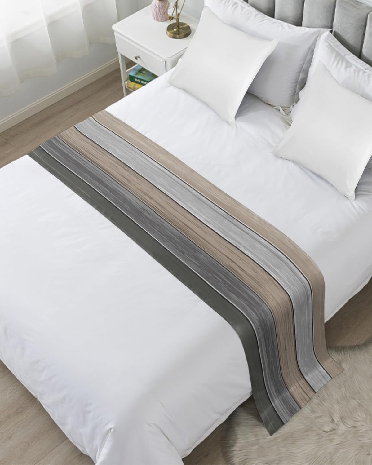 Camino de cama tamaño Queen, estilo rústico de grano de madera gris degradado, bufandas decorativas, estilo campestre vintage, camino de cama suave