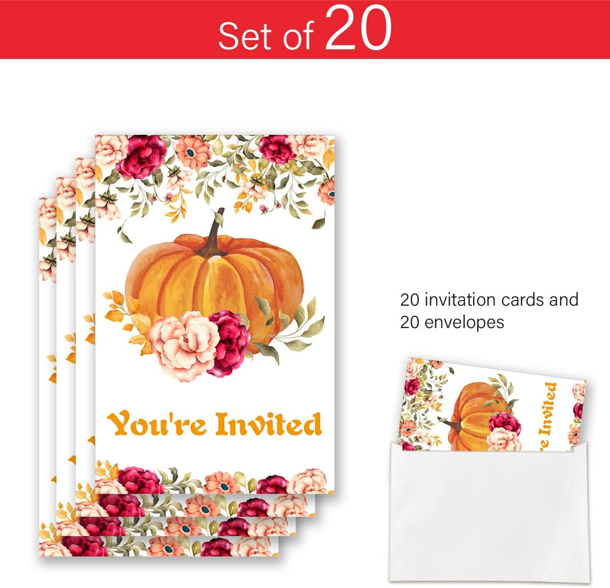 Paquete de 20 invitaciones de fiesta de calabaza pequeña con sobres, un tema de calabaza está en camino, tarjeta de invitaciones para suministros de