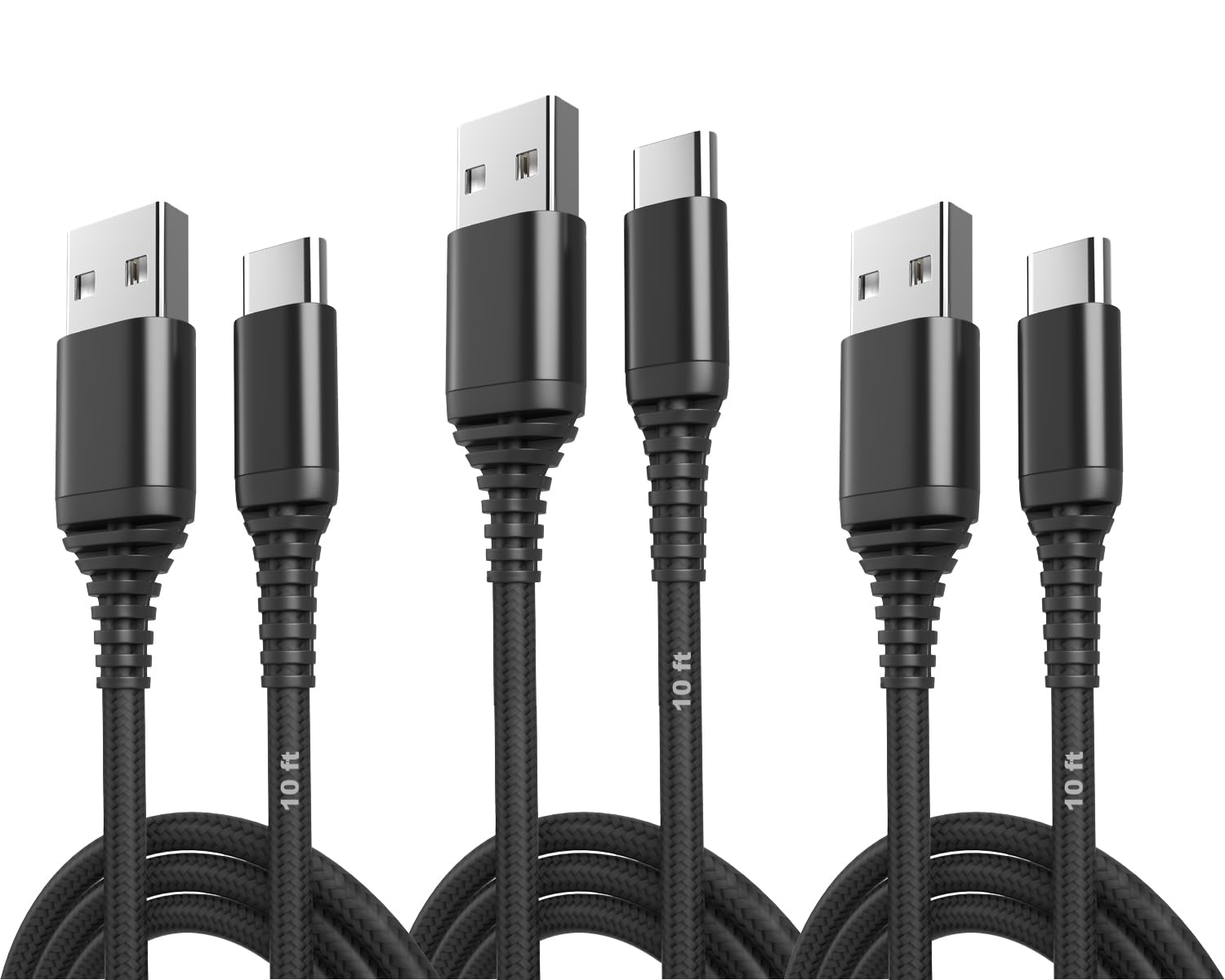 Paquete de 3 cables USB tipo C a USB A de 10 pies  Cables trenzados QC de carga rápida de 10 pies compatibles con iPhone 15, MacBook Pro, iPad Mini