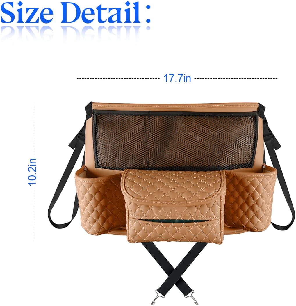 zipelo Soporte para bolso de coche entre asientos, soporte de cuero sintético con múltiples bolsillos de gran capacidad, barrera de bolsa de red