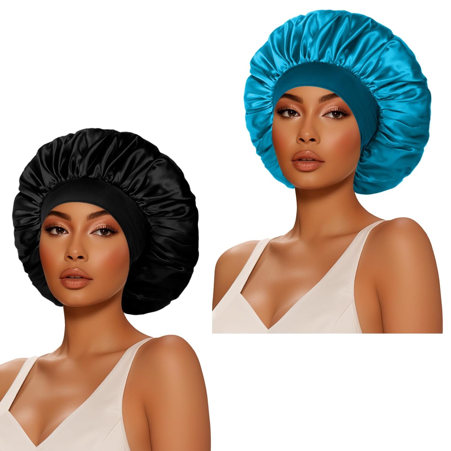 DAFFECS 2 gorros de seda extra grandes para dormir, 17 pulgadas de satén jumbo para mujer, banda ancha elástica de seda para cabello rizado (negro
