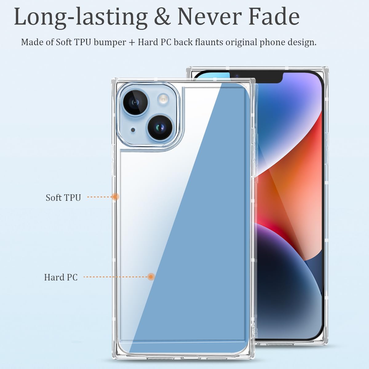 Funda cuadrada compatible con iPhone 15 de 6.1 pulgadas, funda transparente con esquinas cuadradas reforzadas, TPU suave + policarbonato a prueba de