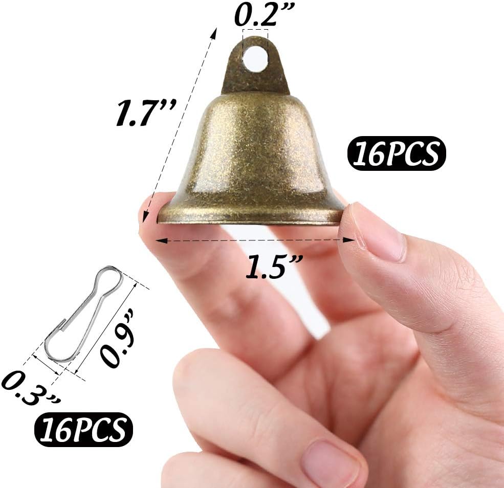 BigOtters Campanas de manualidades, 16 cascabeles de bronce vintage (1.7 x 1.5 pulgadas) con ganchos de resorte para colgar para campanillas de