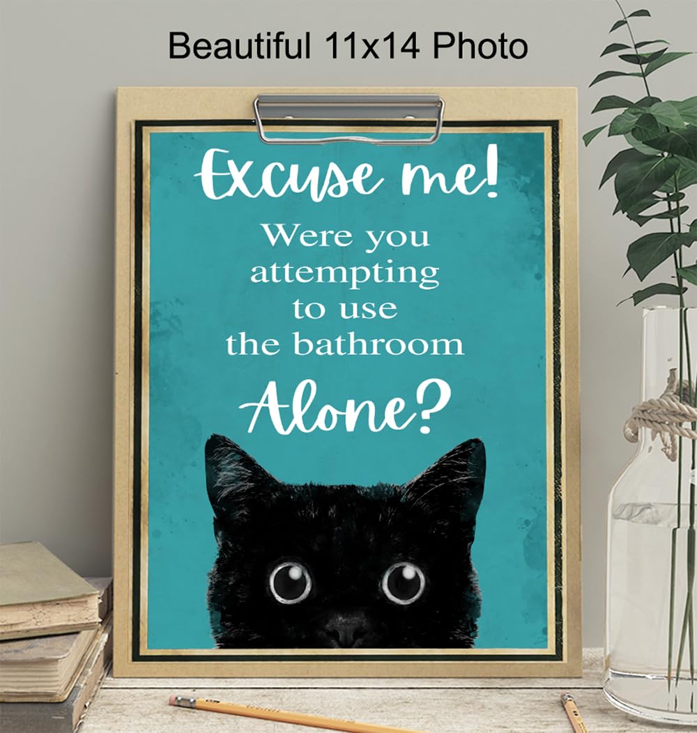 Funny Cat Restroom Sign LARGE 11×14 – Guest Bathroom Decor for Women – Small Bathroom Wall Art – Blue Bathroom Decorations – Unique Powder room