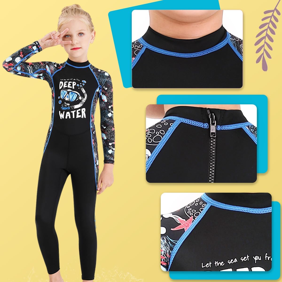 Traje de baño de cuerpo completo de una pieza de manga larga para niños, traje de baño de protección solar para niños y niñas