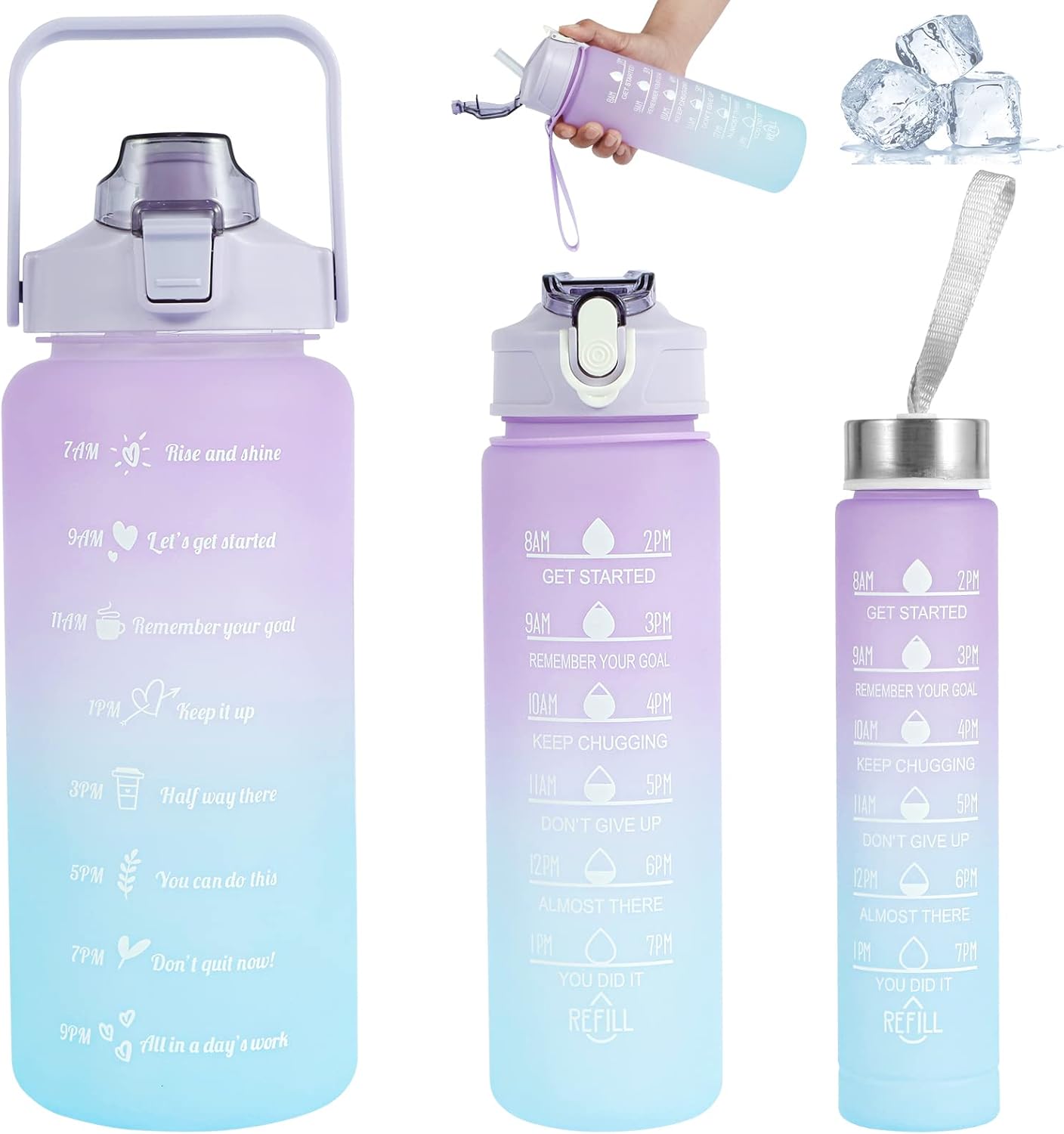 Juego de 3 botellas de agua con botella grande de 2 litros, botella portátil de 30.4 fl oz y mini botella de 16.9 fl oz, botella de bebidas