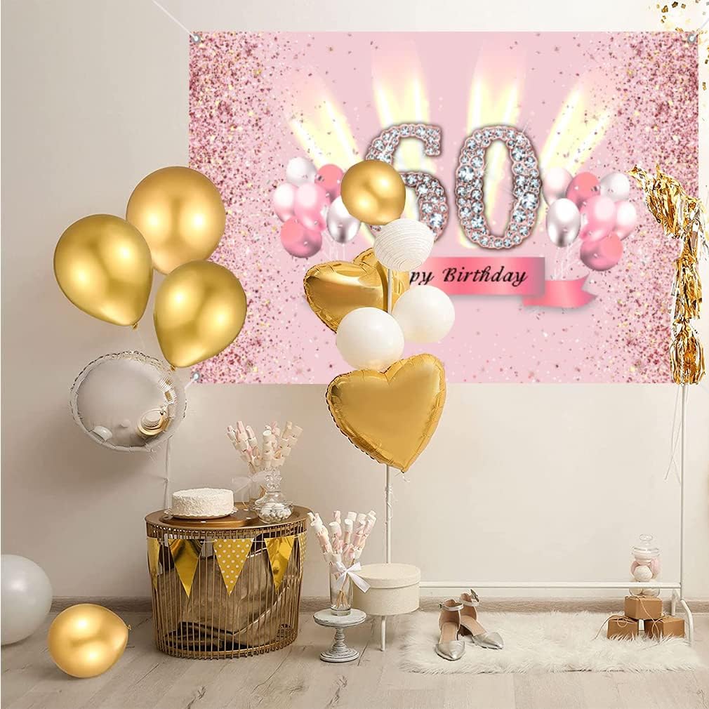 Decoraciones de 60 cumpleaños para mujer, cartel de fondo de feliz cumpleaños 60, cartel de tela para fiesta de aniversario de 60 años, póster de