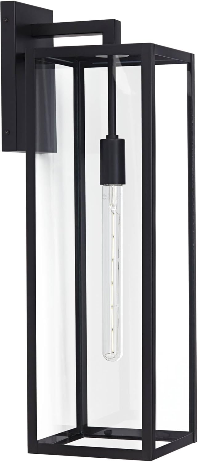 John Timberland Titan – Lámpara de pared industrial moderna para exteriores, color negro místico, paneles de vidrio transparente de 27 pulgadas para