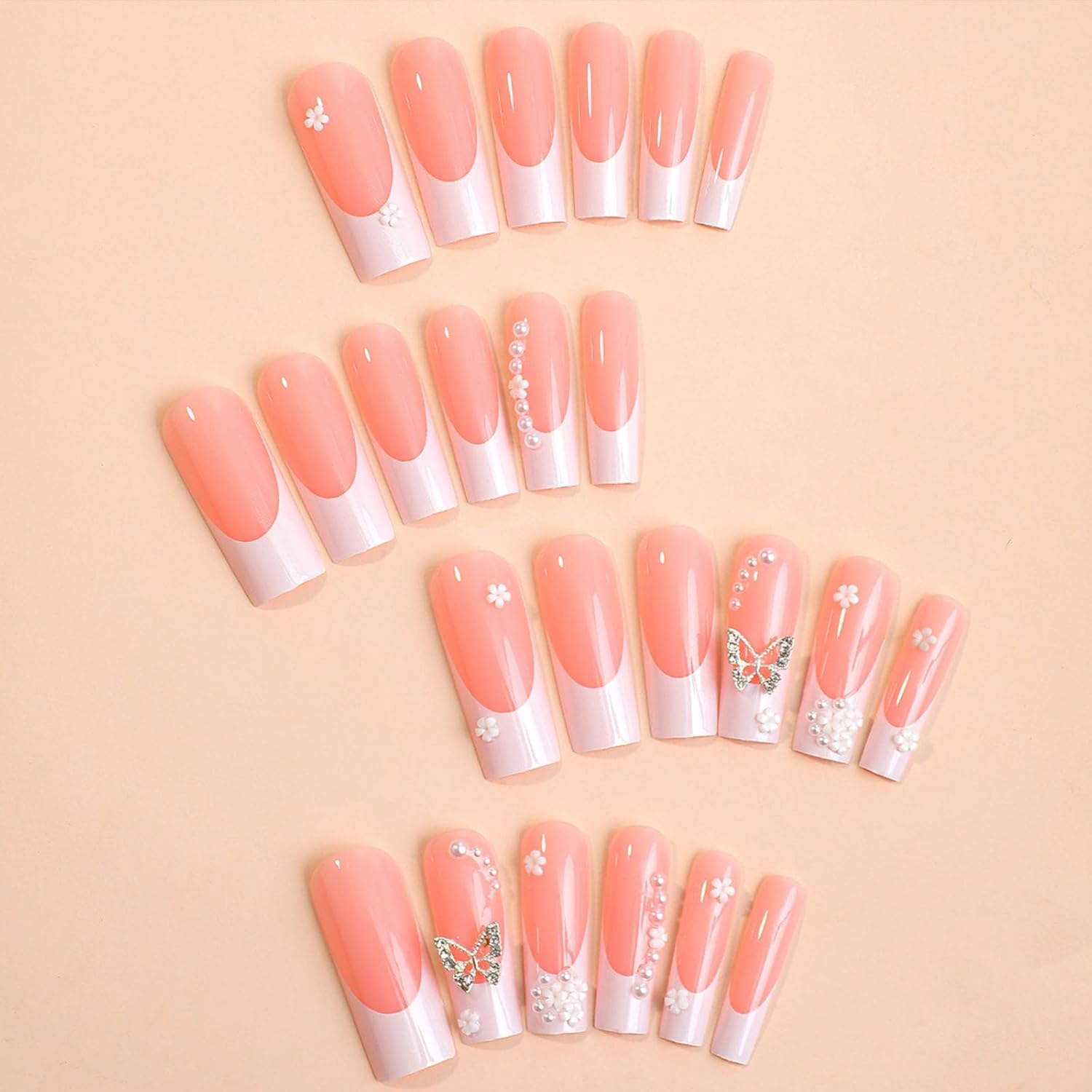 Uñas postizas a presión con punta francesa blanca y cuadradas, diseño de encantos de mariposa prearls, color rosa, uñas postizas extra largas, 24