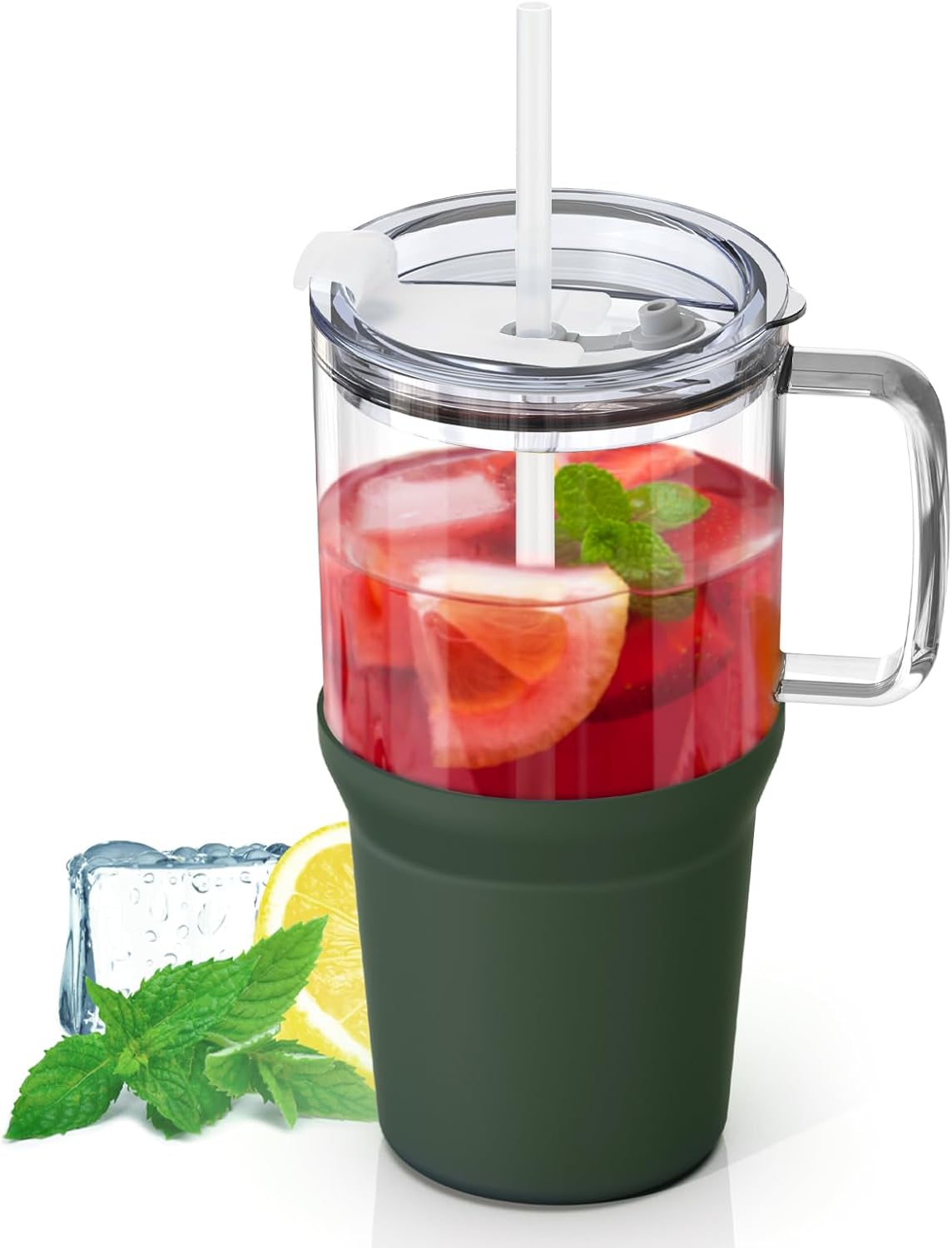 Zenbo Vaso de vidrio con tapa y popote, taza de café helado de 32 onzas con asa, botellas de agua de vidrio con funda de silicona, taza de vidrio