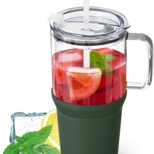 Zenbo Vaso de vidrio con tapa y popote, taza de café helado de 32 onzas con asa, botellas de agua de vidrio con funda de silicona, taza de vidrio Zenbo Vaso de vidrio con tapa y popote, taza de café helado de 32 onzas con asa, botellas de agua de vidrio con funda de silicona, taza de vidrio