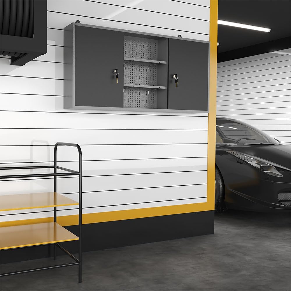 JZD Armario de almacenamiento de pared de metal con 2 puertas con cerradura, para oficina en casa, garaje, sótano, negro y gris, 47.2 x 7.9 x 23.6