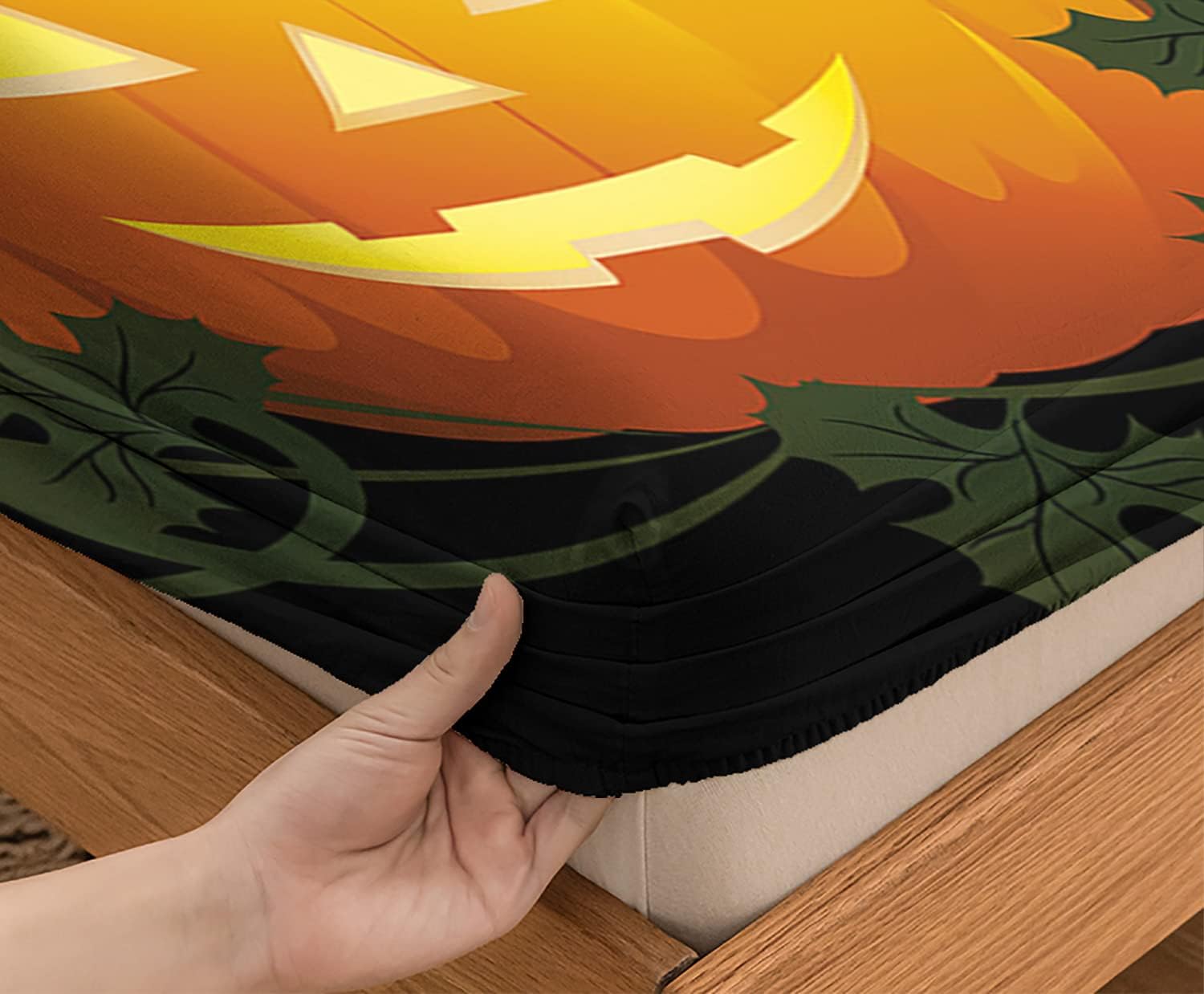 Juego de sábanas bajeras con diseño de hojas de calabaza, diseño de Halloween, decoración de ropa de cama de 3 piezas, bolsillo profundo, calidez