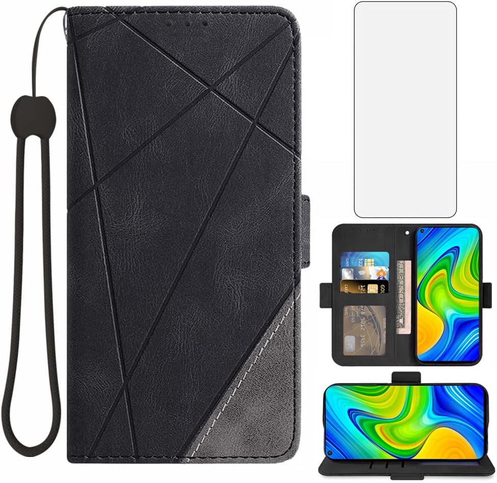 Asuwish Compatible con Xiaomi Redmi Note 9  Redmi 10X 4G Funda tipo cartera y protector de pantalla de vidrio templado Soporte de cuero Flip Card