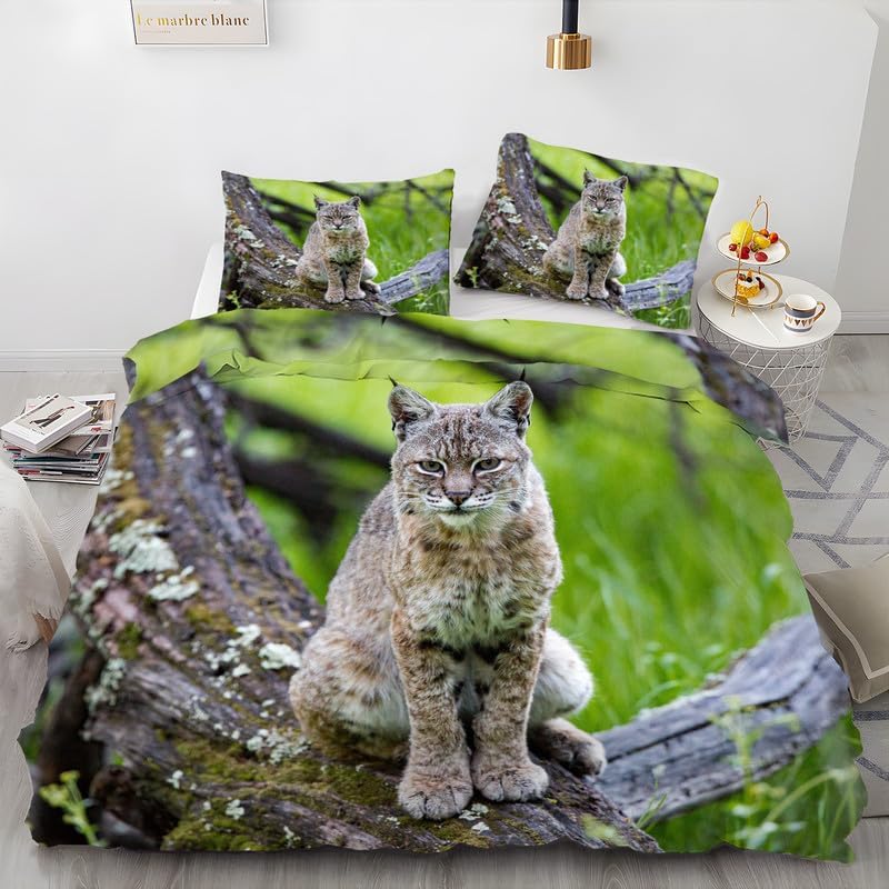 Grass Green Animals Duvet Cover Full Lynx Print Bedding Sets Full Soft Microfiber Comforter Cover and 2 Pillow Shams 20″X26″, Bed Set Duvet Covers