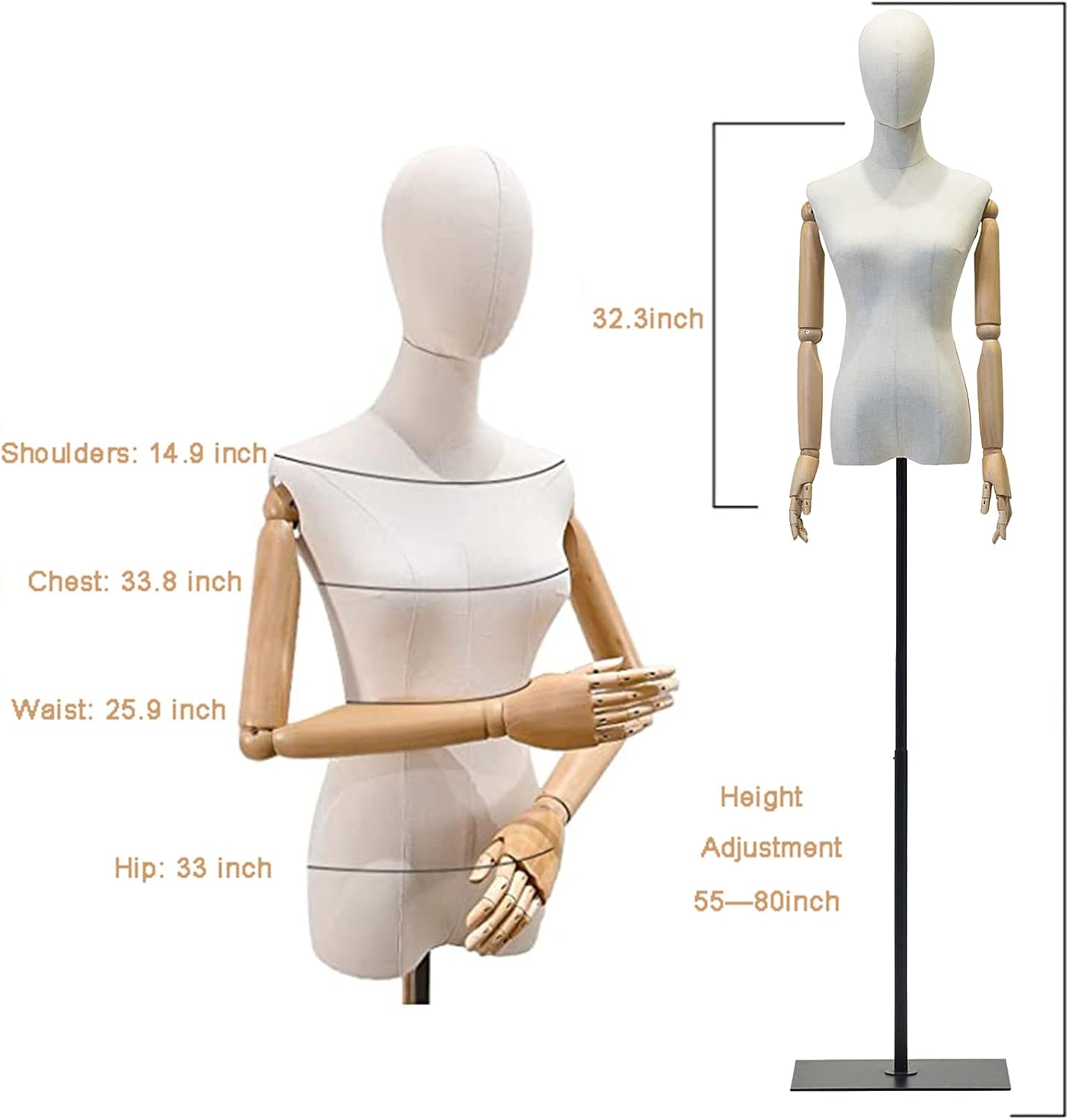Vestido de maniquí femenino con forma de torso, cuerpo de maniquí de exhibición con cabeza desmontable, manos de madera y soporte de altura