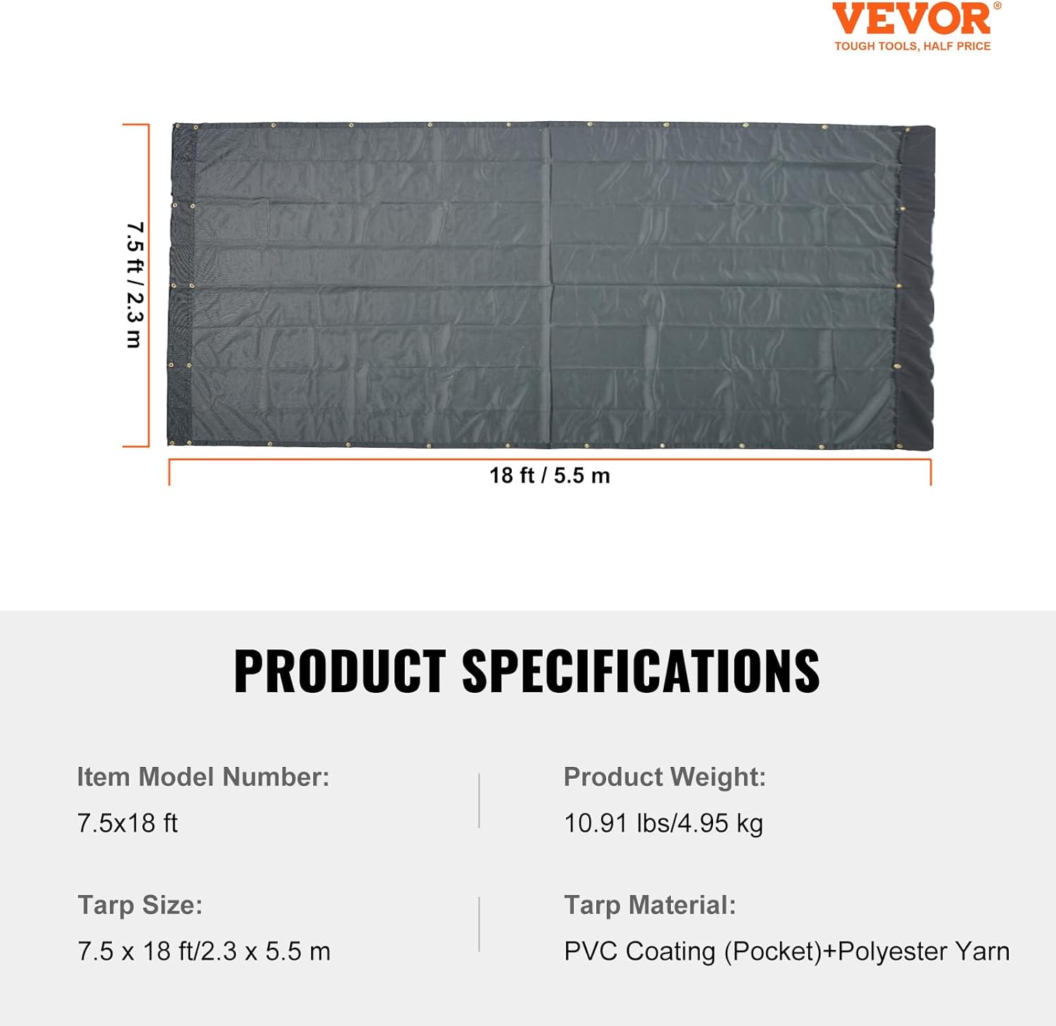 VEVOR Lona de malla para camión volquete, 7.5 x 18 pies, cubierta de PVC negra resistente con bolsillo doble de 5.5 pulgadas y 18 onzas, ojales de