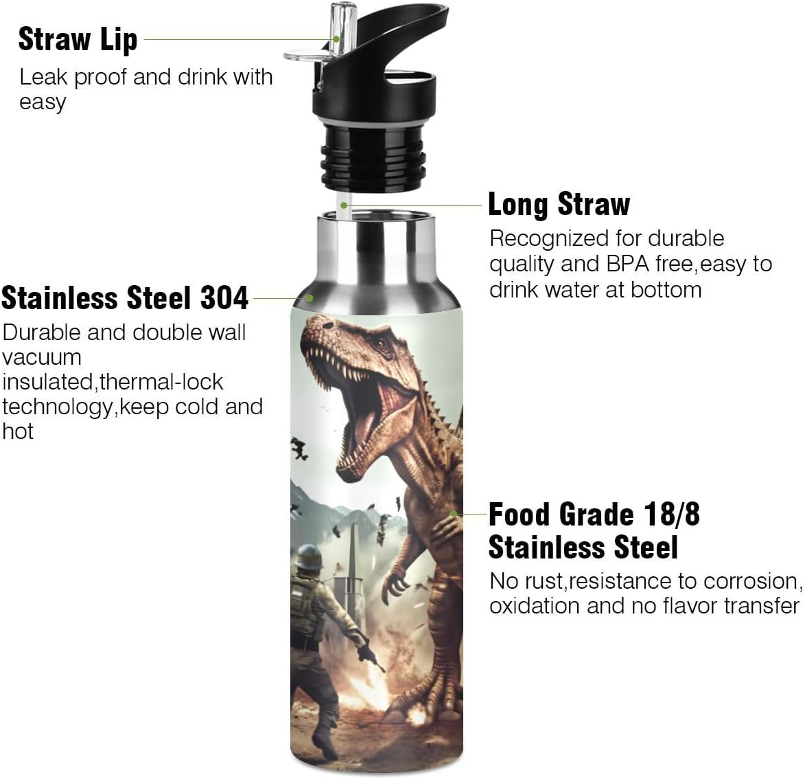 Botella de agua con popote 3D de dinosaurio T-Rex Disaster Dragon Lid termo para niños, termo de acero inoxidable aislado para agua, deportes, 20 oz