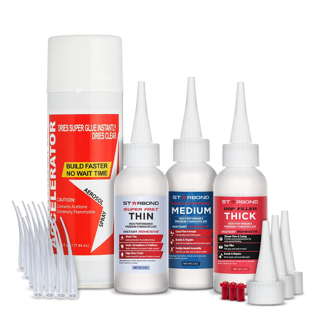 Starbond Pegamento CA fino, mediano y grueso de 2 onzas con paquete activador de 6 onzas (súper pegamento de cianoacrilato de alta calidad) para