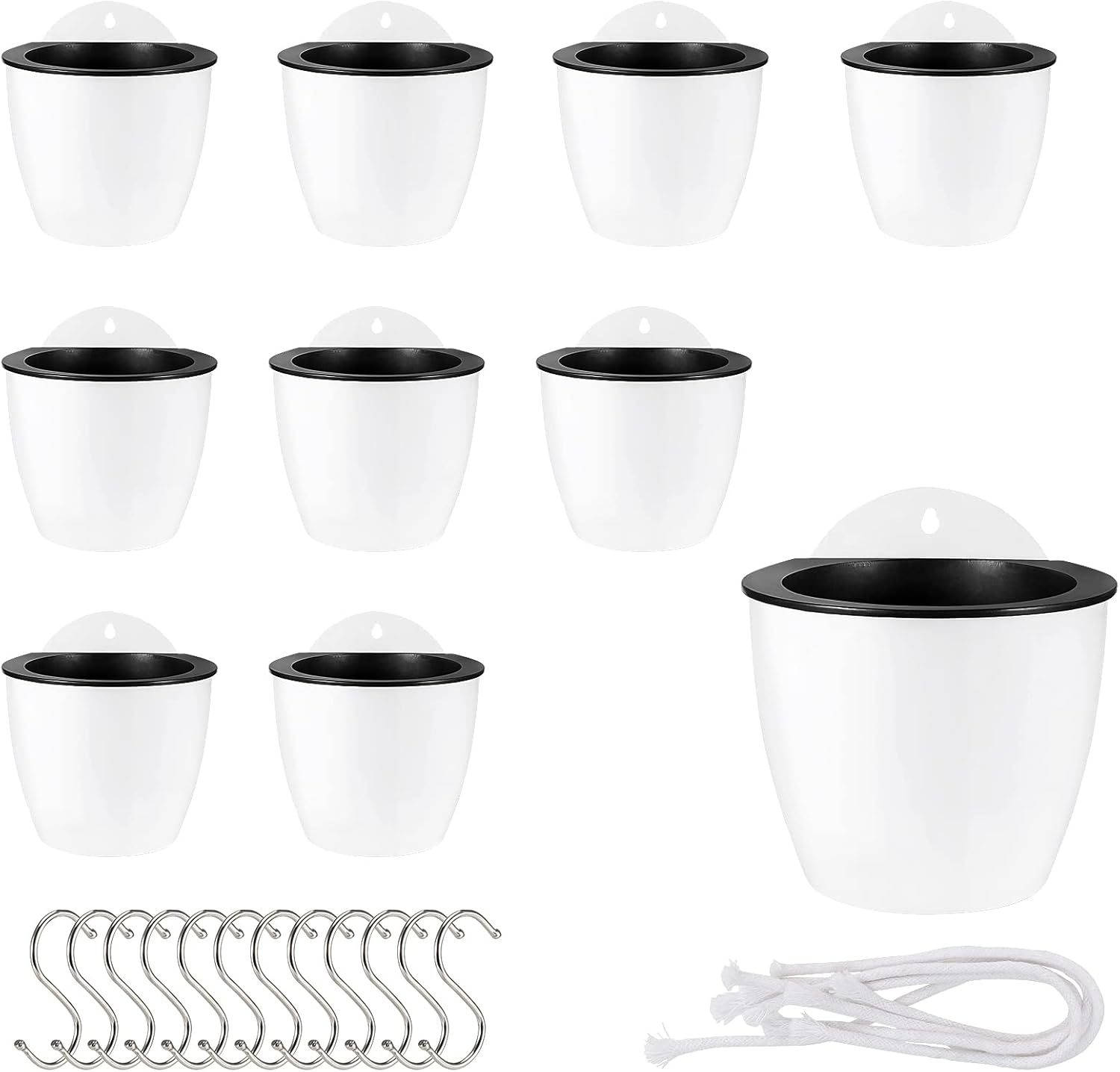 10 macetas colgantes de riego automático, macetas blancas de 7 pulgadas montadas en la pared con ganchos y cuerdas, macetas de plástico colgantes de