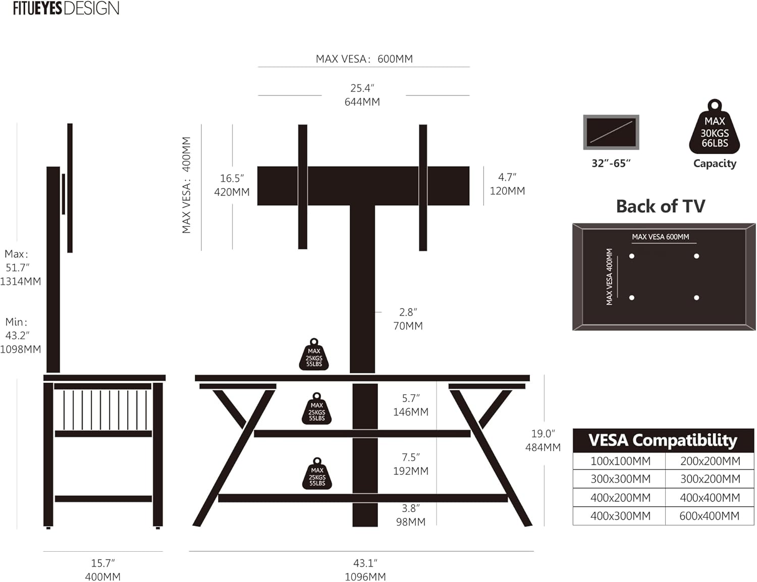 FITUEYES Soporte de TV de madera con soporte para TVS de 32 a 65 pulgadas con soporte para pantallas curvas planas LCDLED, altura ajustable, gestión