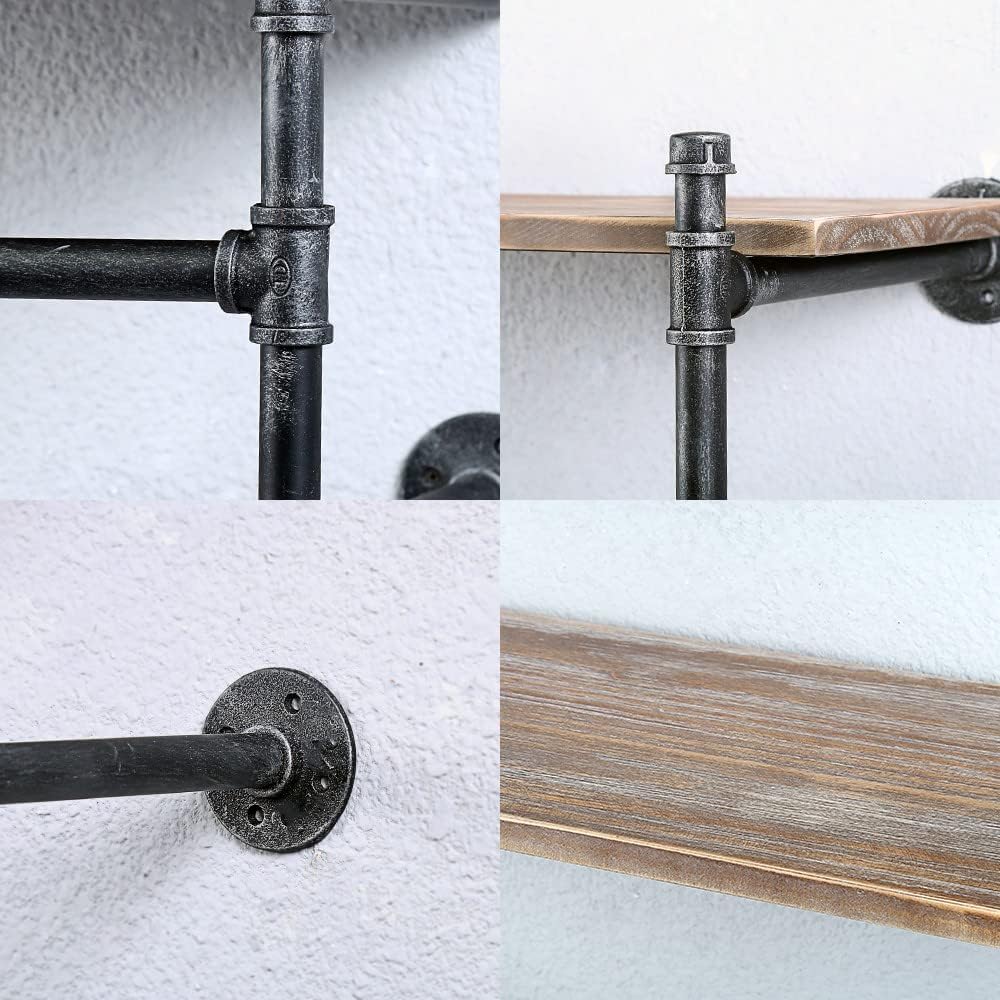 Estante industrial para ropa de tubería montado en la pared con estante de madera real, estante flotante de pared, estante de exhibición rústico al