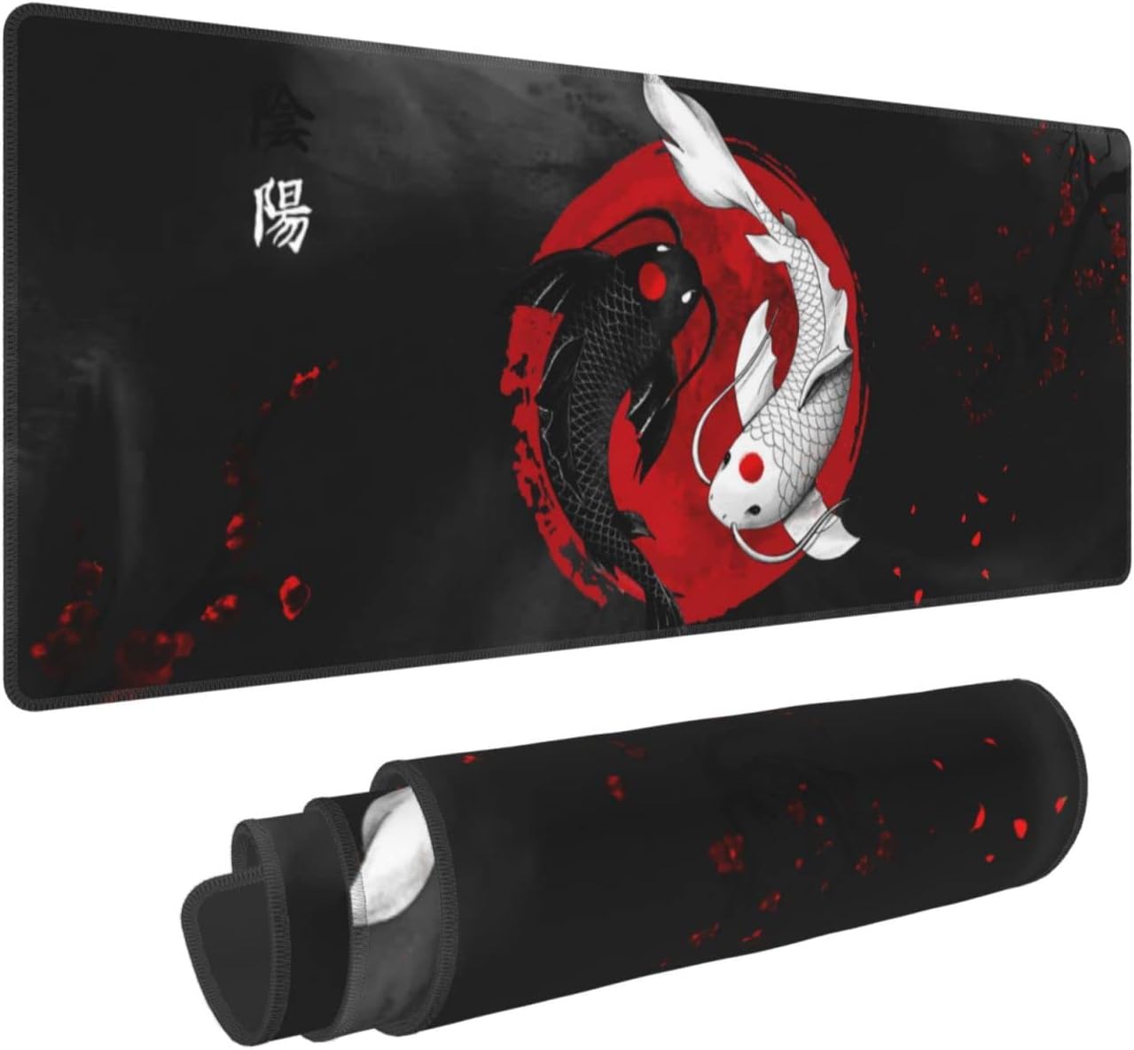 Alfombrilla de mouse japonesa con diseño de pez de carpa Yin y Yang Koi, color negro y rojo, XL extendida, base de goma antideslizante, borde